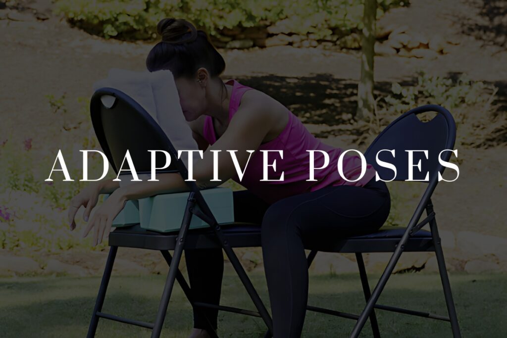 A banner image that shows jane demonstrating an adapted yoga pose in two chairs with two blocks and a towel featuring the words "adaptive poses" over the top