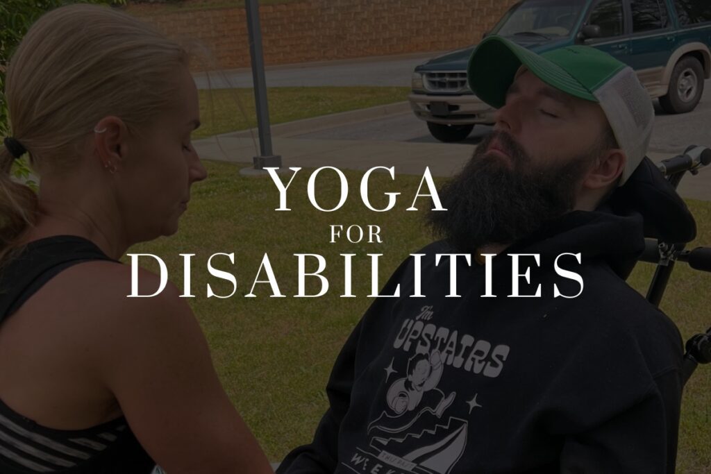 A banner image that features jane working with a wheelchair bound client with the words "yoga for disabilities" posted over the top